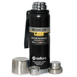 SELLARA Vacuum Insulated Thermo Flask, Stainless Steel for Hot & Cold Drinks with Cup lid and Filter- BPA Free | Perfect for Traveling, Camping, Work 520ml (Black)