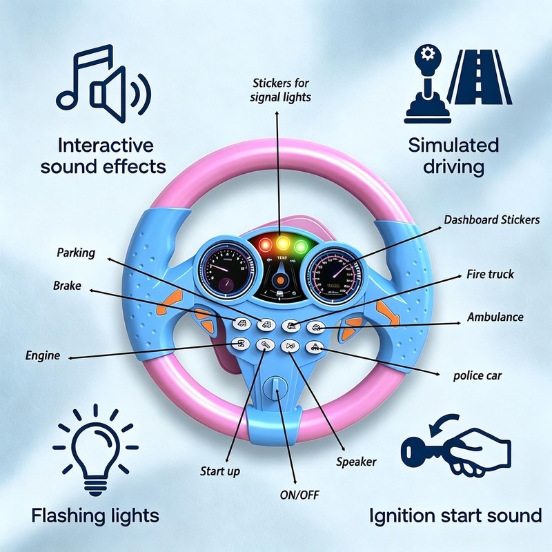 Steering Wheel Model, Suction Cup Prop for Car Travel, Blue-Pink