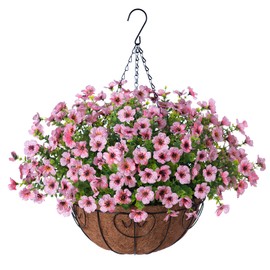 Ammyoo Artificial Flowers Hanging Basket for Outdoor Indoor Spring Summer Decor,Fake Silk Colorful Daisy Eucalyptus in 12" Metal Coconut Lining Flowerpot Arrangement for Home Patio Yard Decor(Pink)