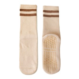JCZANXI Yoga Socks with Grips for Women, Non Slip Grip Socks for Yoga, Pilates, Barre, Dance | Ideal Cushioned Crew Socks, Stripe Beige