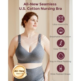 Momcozy Busty Nursing Bras, U.S.Cotton Wirefree Fixed Padded Maternity Bra, Full Coverage Adjustable Fit Gray