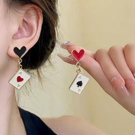 Poker Cards Earring for Women Queen of Hearts Earring Asymmetrical Long Pokers Red Heart Earrings Cute Star Clock Rabbit Earrings Cute Jewelry Presents (Symmetrical Poker)