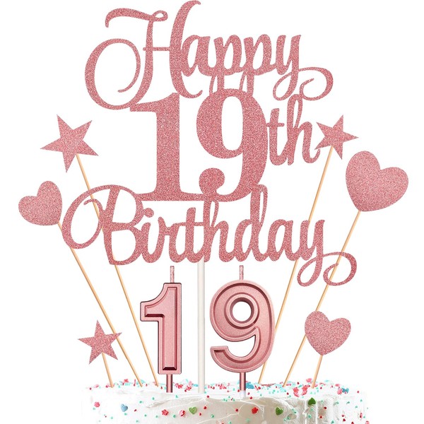 El juego de decoraciones para tartas de cumpleaños número 19 incluye velas de cumpleaños número 19 y decoraciones para tartas de feliz cumpleaños 19 con púas de corazón estrella para fiesta de cumpleaños (serie de oro rosa)