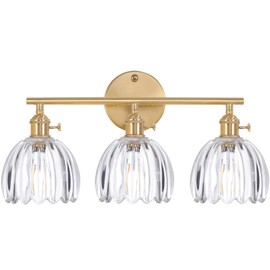 Shenmoyl Bathroom Light Fixtures, 3-Light Brass Vanity Wall Light Over Mirror with Clear Tulip Glass Shade for Bedroom Living Room