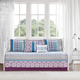 Intelligent Design Joni Cozy Daybed Cover Set - Casual Boho Pieced Design, Modern All Season Bedding Set with Bedskirt, Matching Shams, Decorative Pillow, 39"x75", Purple 6 Piece