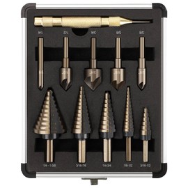 5 Pcs Step Drill Bit & 5 Pcs Countersink Drill Bit Set, Titanium High Speed Steel Step Drill Bit, 50 Sizes of Step Bit for Metal, HSS Step Bit with Aluminum Case for DIY, Multiple Hole Stepped Up Bits