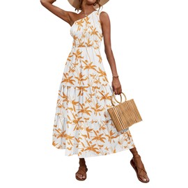 BTFBM 2025 Summer One Shoulder Dresses for Women Casual Sleeveless High Waist Floral Flowy Smocked Boho Beach Maxi Dress(Tree Yellow White, X-Large)