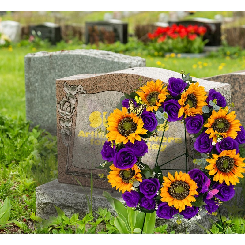 SUHOOKOO Cemetery Wreaths for Grave Decoration,Golden Sunflower and Purple Rose,