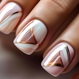 OCOUYVD Fake Nails Short Square Press on Nails Spring Summer False Nails with Golden Stripe Design Pink White Glossy Acrylic Nails Reusable Fake Nails Fully Cover Stick on Nails for Women and Girls