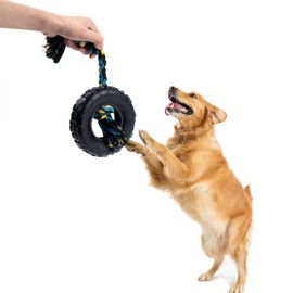 Wagably Tire Dog Toy with Cotton-Poly Rope - Rubber Toy for Extreme Chewers - Interactive Fun Play for Aggressive Chewers for Medium and Large Dogs - Safe and Durable Rope Tug Chew Toy for All Breeds