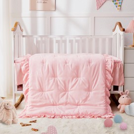 Wowelife Girl Crib Bedding Set, 3-Piece Crib Comforter Set for Girls, Boho Ruffle Pink Nursery Bedding Set Include Crib Comforter, Crib Fitted Sheet and Crib Skirt, Pink