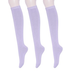 KONY Women's Cotton Knee High Socks - Casual Solid & Striped Colors Fashion Socks 3 Pairs (Women’s Shoe Size 5-9) (Lavender - 3 Pairs)