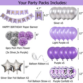 Birthday Decorations for Girls Purple and Silver Lavender Party Decor Kit for Her Women Including Happy Birthday Banner Pompom Flower Foil Balloons Confetti Latex Balloon Ribbons