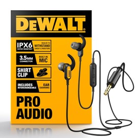 DEWALT Auriculares con Cable y micrófono - Auriculares de Obra con Cable de 3,5 mm - Auriculares con Cable y micrófono Resistentes al Agua - Auriculares con Cable para Trabajos al Aire Libre