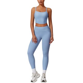 AGYMNX Workout Sets for Women 2 Piece High Waisted Seamless Butt Lifting Leggings Gym Yoga Outfit Stretchy Sports Bra Sets Sky Blue XL