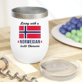 Living With A Norwegian Builds Character. Stylish Norway Flag 12oz Insulated Wine Tumbler For European Wife Or Wifey, Husband Or Hubby, Spouse, Boyfriend, Girlfriend, Traveler, Collector & Tourist