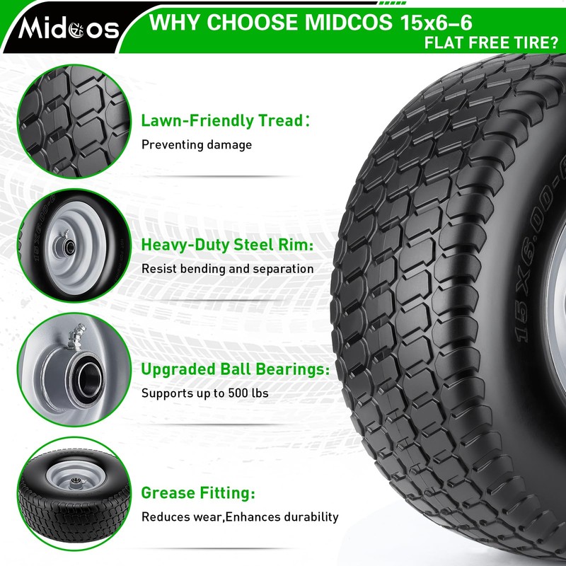 2pcs 15x6.00-6 Flat Free Tire And Wheel, 15x6-6 NHS Lawn