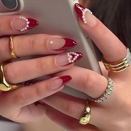 Red French Tip Press on Nails Medium Valentines Day Almond Fake Nails with Pearls Heart Design Simple Glue on Nails Press ons Glossy False Nails Nude Valentines Stick on Nails for Women 24 Pcs