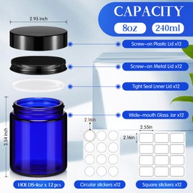 Norme 12 Pcs 8oz Thick Glass Jars with 24 Plastic Metal Inner Liners Lids Empty Candle Making Jars with 24 label Airtight Storage Containers Operation Christmas Items for Lotions Creams(Blue)