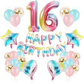 16th Rainbow Birthday Party Decoration for Girls, Boys, Number 16 Birthday Balloons, Happy Birthday Banner, Confetti and Latex Balloons, 16 Years Old Birthday Decoration Supplies