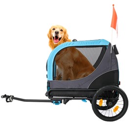 ClevrPlus 2-in-1 Pet Bike Trailer & Large Foldable Dog Stroller Pet Cart Carrier, Blue, 80 Lbs Capacity, Dog-Friendly Designs, Easy Folding Frame, Universal Bicycle Coupler, and Safety Flag