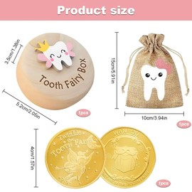 FeiFanChoice Tooth Fairy Box, 3Pcs Set Tooth Boxes with Tooth Fairy Bag and Gold Foil Reward Coin for Girl, Beautiful Carved Wooden Tooth Keepsake for Storing Baby's Dropped Birthday Gifts