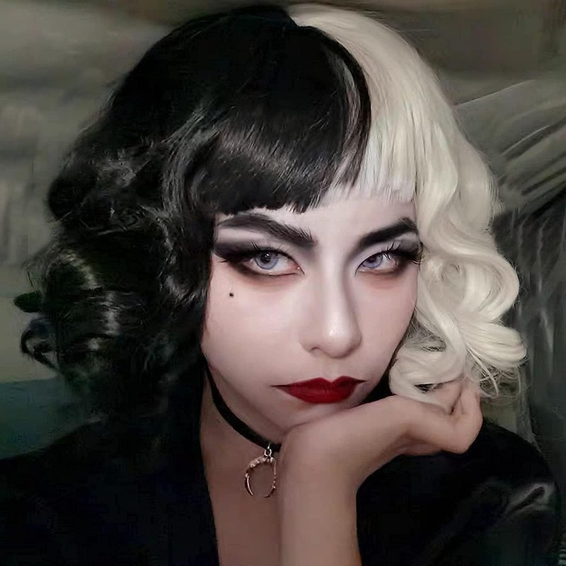 Peluca Negra y Blanca, Disfraces de Halloween Mujer, Peluca Halloween