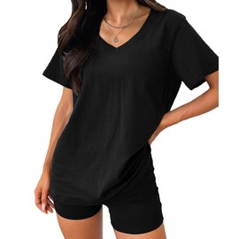 ABINGOO Two-Piece Women's Summer Short Loungewear Set V-Neck Oversize Shirt + High Waist Sports Shorts Jogging Suit Leisure Set for Yoga Fitness Leisure Suit, black, L