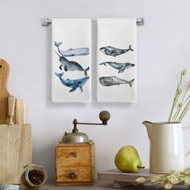 Qeheb Coastal Beach Whale Kitchen Towels Set of 2, Ocean Whale Species Decorative Dish Tea Towels, Ocean Beach Hand Towels for Bathroom, Coastal Kitchen Bathroom Decor, 16X24In