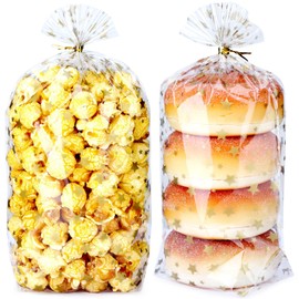 Voikinfo Bottom Gusset Bags 100Pcs 6X9 Gold Star Clear Cellophane Bags Plastic Gift Bags Cello Bags Treat Bags Bulk Party Favor Goodie Cookie with Gold Twist Tie