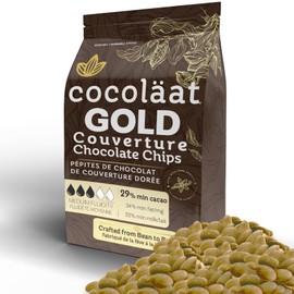 Cocoläat Gold Couverture Chocolate Chips | Caramel White Chocolate | Culinary Grade for Bakers & Chocolatiers | 29% Cocoa - 34% Fat | Gold Foil Resealable Pouch Perfect Holiday Gift | 12 oz