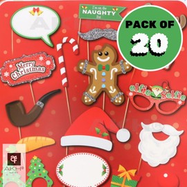 AKH® Christmas Photo Props - 20 Pieces Assorted Designs - Fun Xmas Party Props for Photos, Santa, Reindeer, Snowman & Holiday Decorations for Christmas Photography & Photo Booth