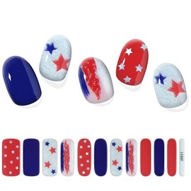 4th of July Semi Cured Gel Nail Strips Independence Day Gel Nail Stickers Self-Adhesive Patriotic Star Full Cover Stickers Nails Wraps for Home Manicure DIY Holiday Decals for Nails Tips