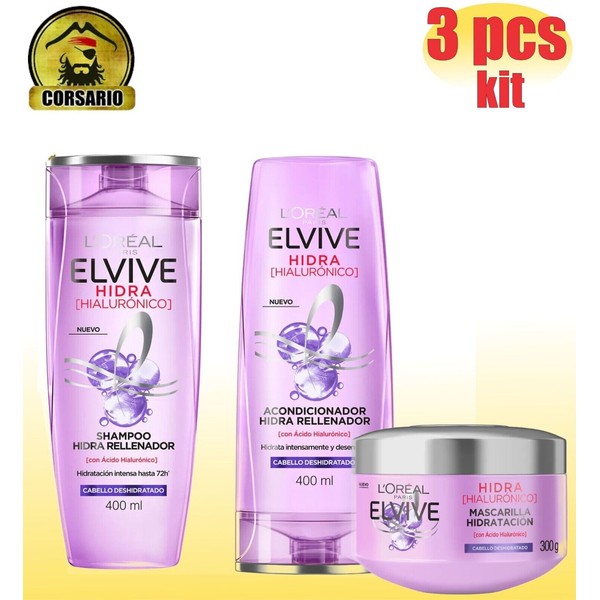 shampoo -conditioner - Mask Hydra Hyaluronic Elvive Loreal Paris 400ml-PACK X 3