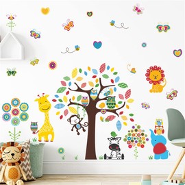 WOHAHA Animal Lovely Cartoon Picture Forest Animals Tree Butterfly Wall Paper Small Flowers Kindergarten Nursery Nursery Nursery Wall Decor DIY Monkey Climbing Tree Elephant Giraffe Lion Zebra Owl