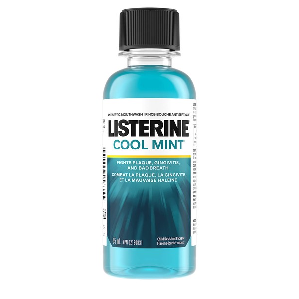 Listerine Cool Mint Antiseptic Mouthwash, Essential Oils Menthol, Thymol, Eucalpytol - Plaque, Bad Breath, Gingivitis, 95mL