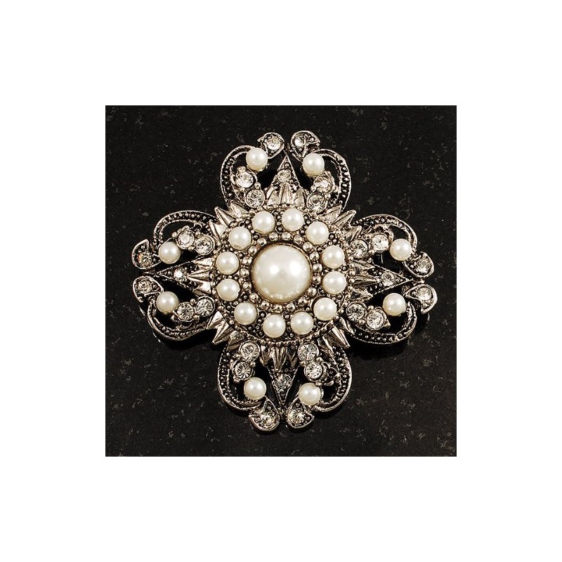 Vintage Filigree Simulated Pearl Cross Brooch (Antique Silver)