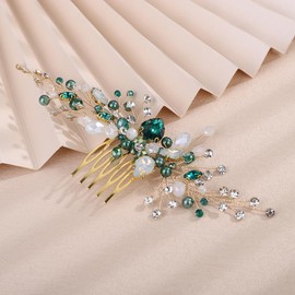 Teyglen Green Crystal Wedding Hair Comb Bridal Headpiece Gold Green Rhinestone Hair Piece Bridal Side Comb Hair Accessories for Women