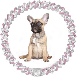 Sliver Pink Dog Chain Collars for Medium Dogs, Bling Dog Necklace Female Rhinestone Diamond Glitter Sparkly Jewelry Metal Cuban Link Dog Collars for Small Medium Large Girl Pet 18 Inch