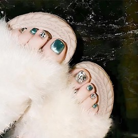 [ALLEVG]ネイルチップ 足用 青 24枚入 3D ダイヤ フットネイルチップ フットネイル 足用 マグネットネイルチップ 夏 付け爪 結婚式 成人式 可愛い 人気 かわいい シンプル 繰り返し使える