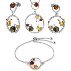 Copal Handmade 3 Piece Silver Amber Pendant Jewellery Set, Sterling Silver, Amber, amber jewellery set
