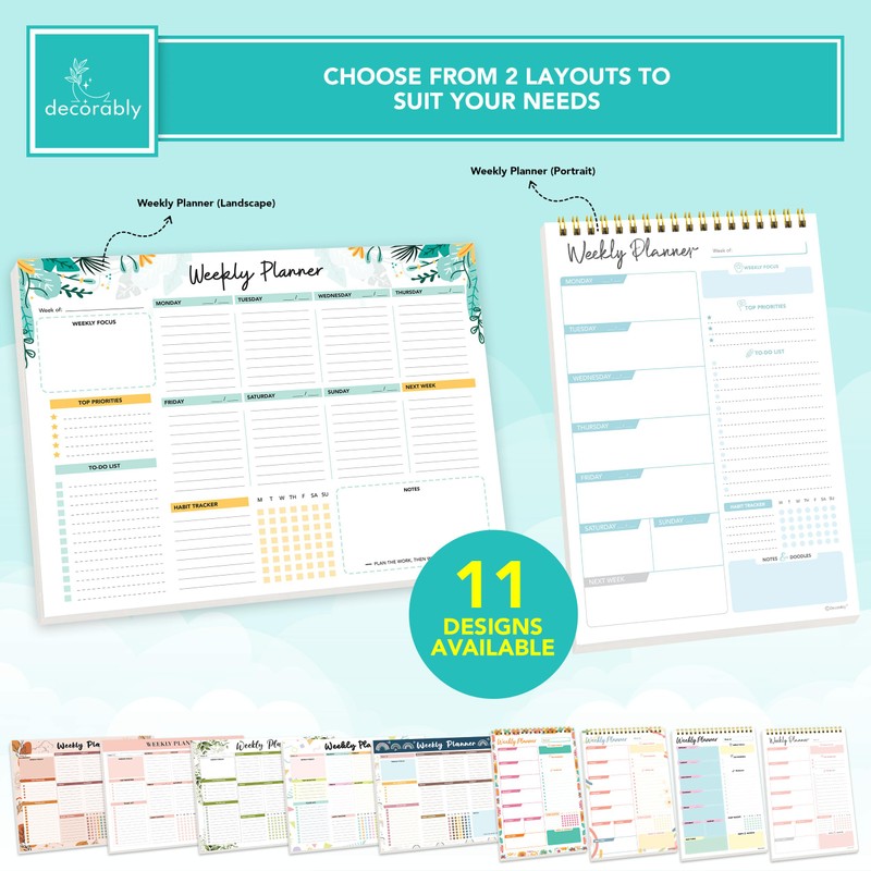 Decorably 52 Sheets Blue Undated Weekly Planner Notepad Small -