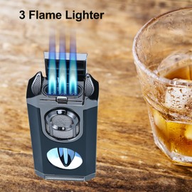Reetsing Windproof Triple Jet Flame Torch Lighter with Stand – Refillable and Adjustable 3 Flame Lighter with Built-in V-Cut, Quality Gift for Men（Without Butane）
