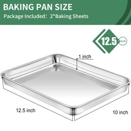 Baking Sheets Set of 2, HKJ Chef Cookie Sheets 2 Pieces & Stainless Steel Baking Pans & Toaster Oven Tray Pans, Rectangle Size 12.5Lx10Wx1H inch & Non Toxic & Healthy & Easy Clean