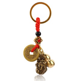 Pure Brass Hollow Gourd Car Keychain, Feng Shui Five Emperors Copper Money Key Chain Pendant, Zhaocai Town House Lucky Coins Amulet for Chinese New Year Decorations Gifts (blue_style)