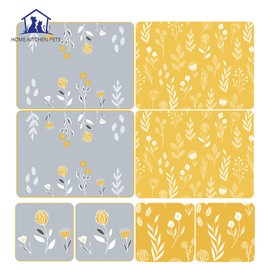 Placemats and Coasters Set – 8-Piece (4+4) Heat-Resistant, Waterproof, Non-Slip Cork Table Mats for Dining, Kitchen – Easy to Clean – Featuring floral patterns in soft gray and mustard yellow tones.