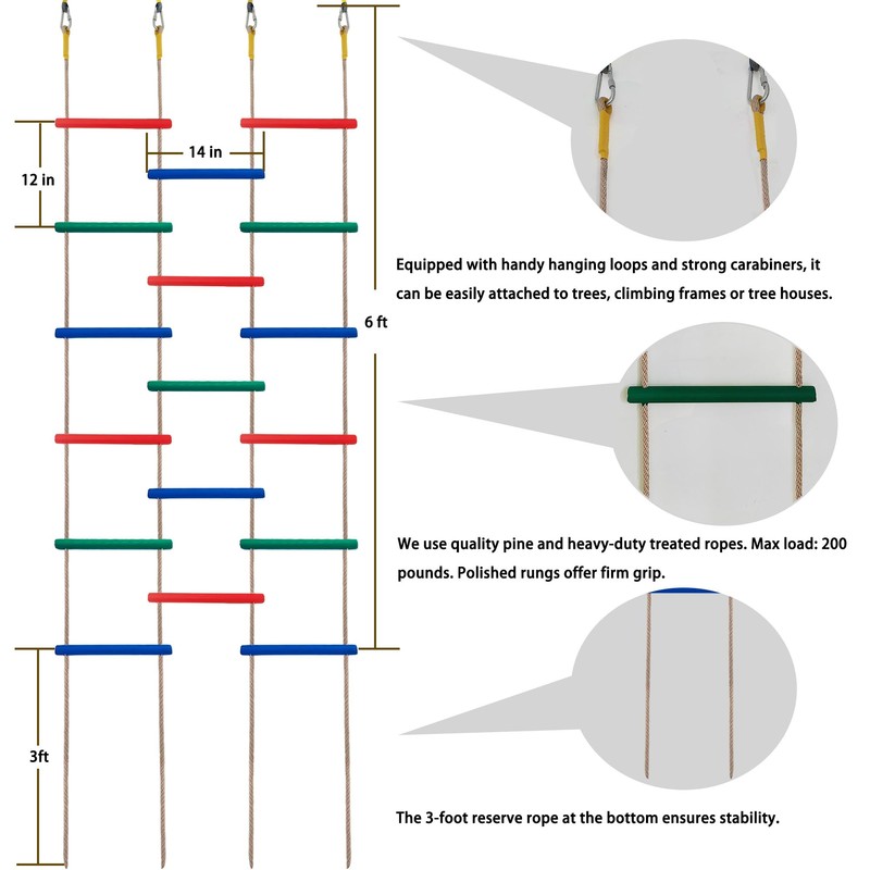Innovative Rainbow Kids' Wooden Rope Ladder - 3/4/5-Group Connectivity, 14-Inch