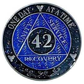 AA 42-Year Shiny Fancy Glitter Recovery Medallion, Alcoholics Anonymous Recovery Sober Silver Color Metal Coin, Shiny Blue And Black Rainbow Glitter, AA Sobriety Chip