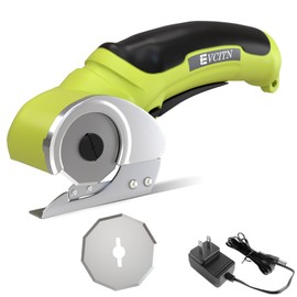 Evcitn Cordless Electric Scissors, Cardboard Cutter with Replacement Self-Sharpening Cutter Blade and Safety Lock, Rotary Cutter [Southpaws Friendly] for Fabric, Carpet, Leather or Plastic, Green