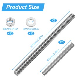 6 Stück Gewindestange M8 Edelstahl Hochtemperaturbeständig Stockschrauben M8 Edelstahl Threaded Rod und 12 Muttern und Unterlegscheiben Rostet Nicht Leicht (100mm+200mm)